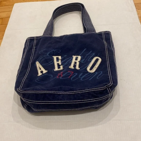 AEROPOSTALE Fabric Navy Blue Jean style Casual Tote Bag with white stitching - Picture 6 of 13